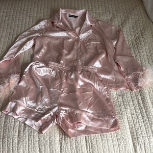 Nasty Gal Blush Pink Satin Pajama Set with Feather Trim
